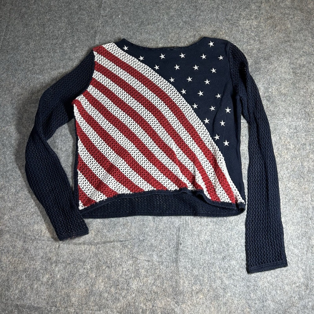 Norton Studio Sweater Womens Large Petite Stars Stripe USA Flag Crochet Festival